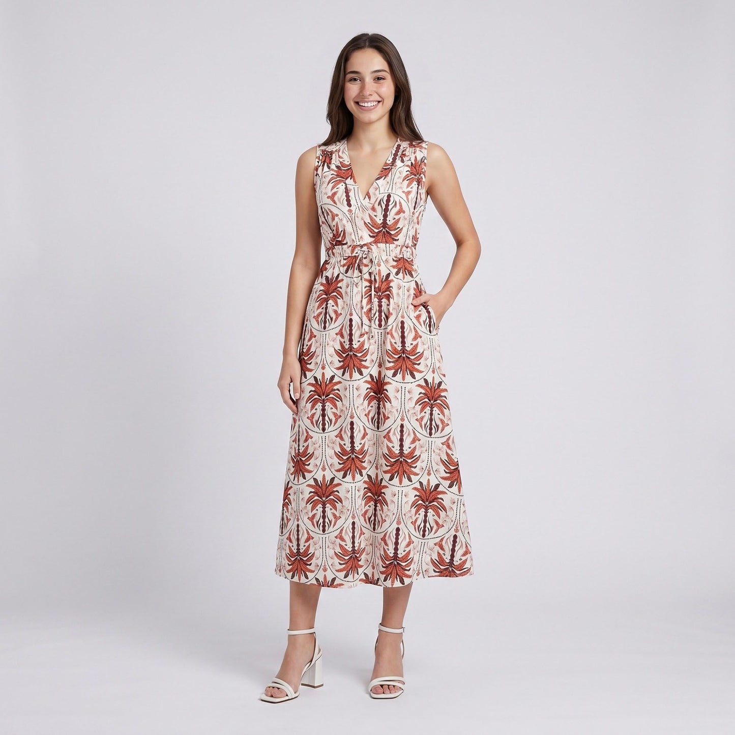 Botanical Print Sleeveless V-Neck Tie Waist Maxi Dress with Side Pockets and Relaxed A-Line Silhouette