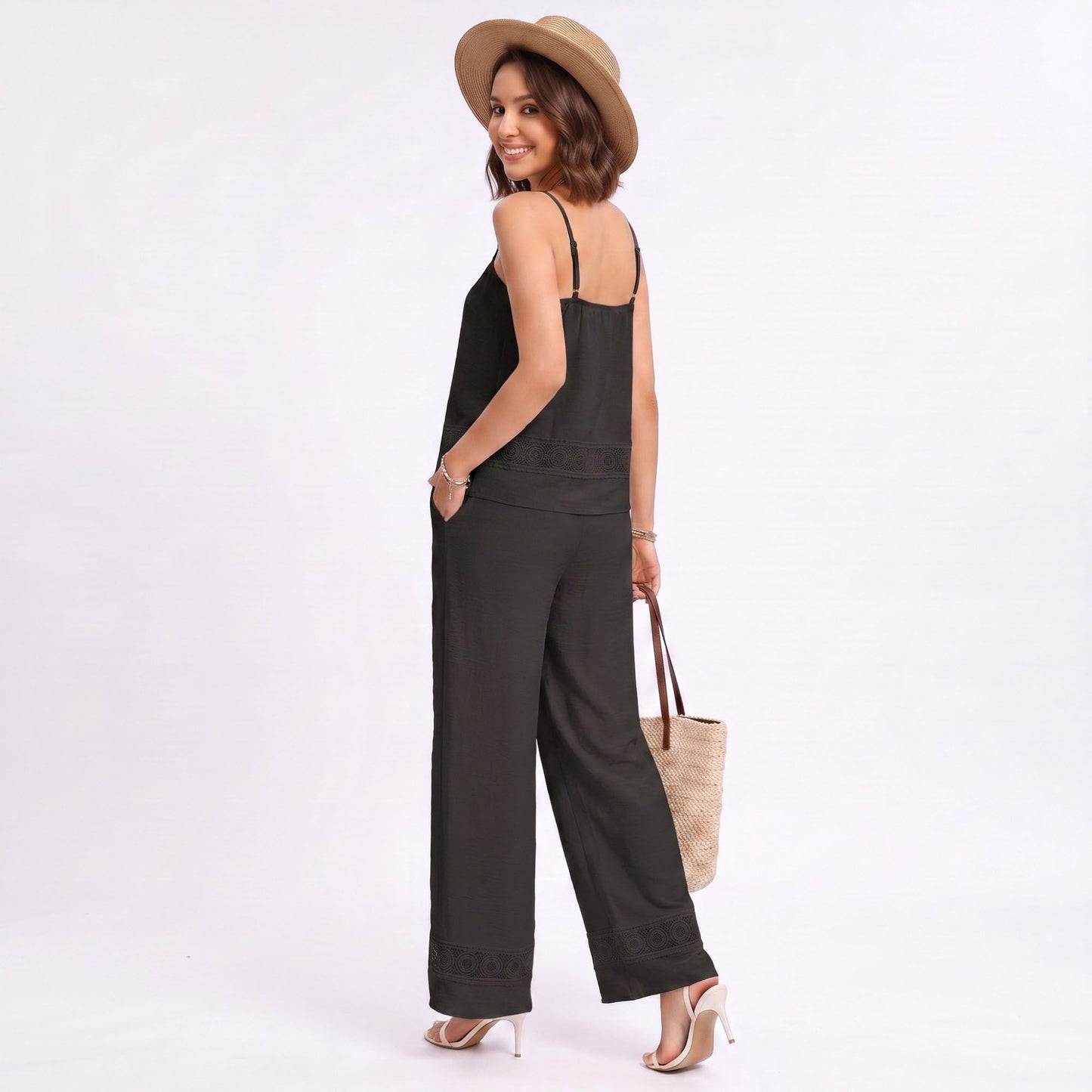 Sleeveless Button Front Jumpsuit with Crochet Lace Back