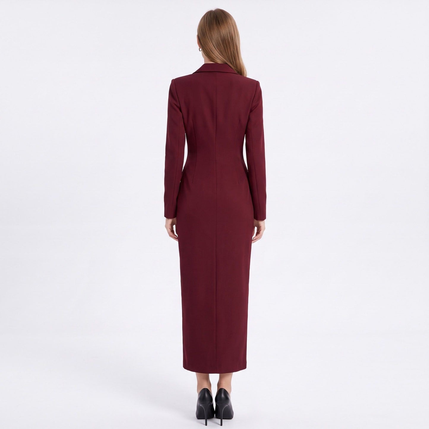 Long Sleeve Blazer Maxi Dress with Notched Lapels and Front Slit
