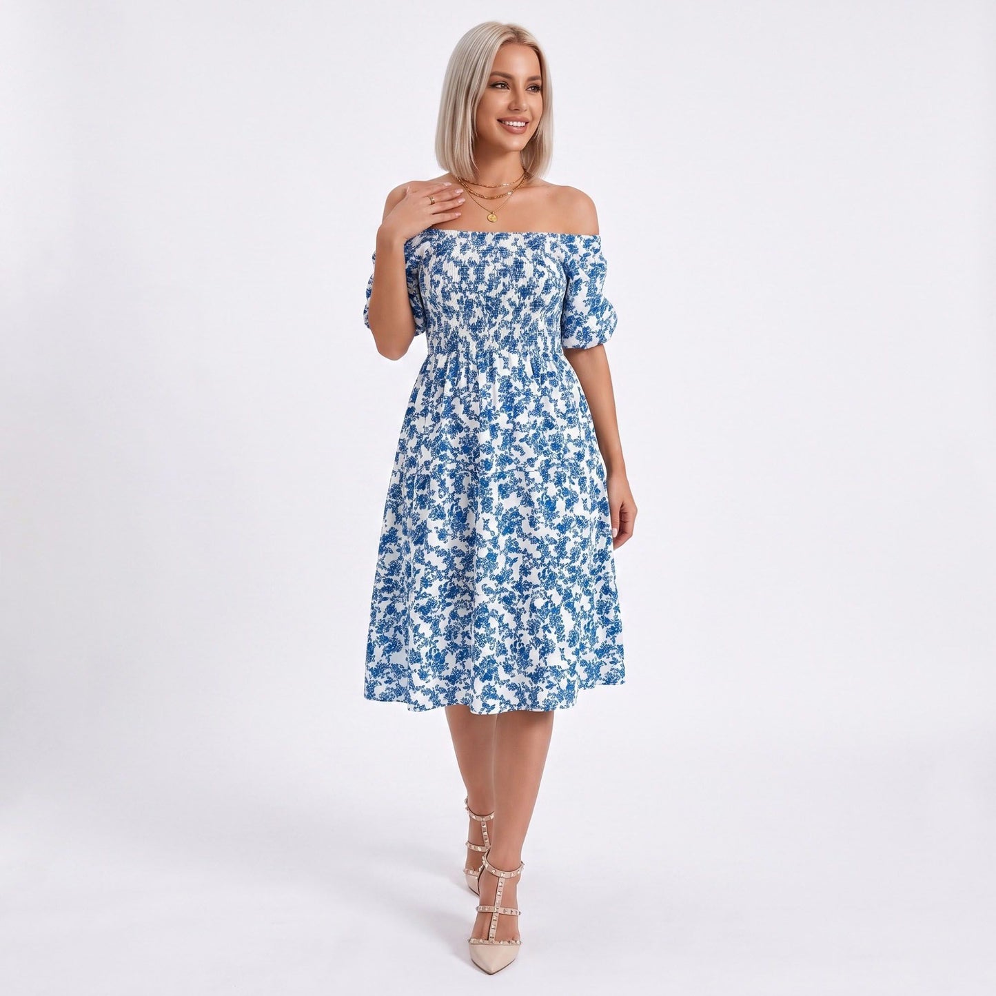 Floral Square Neck Smocked Bodice Tiered Midi Dress