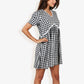 Gingham V-Neck Short Sleeve Dress Empire Waist Lace Trim