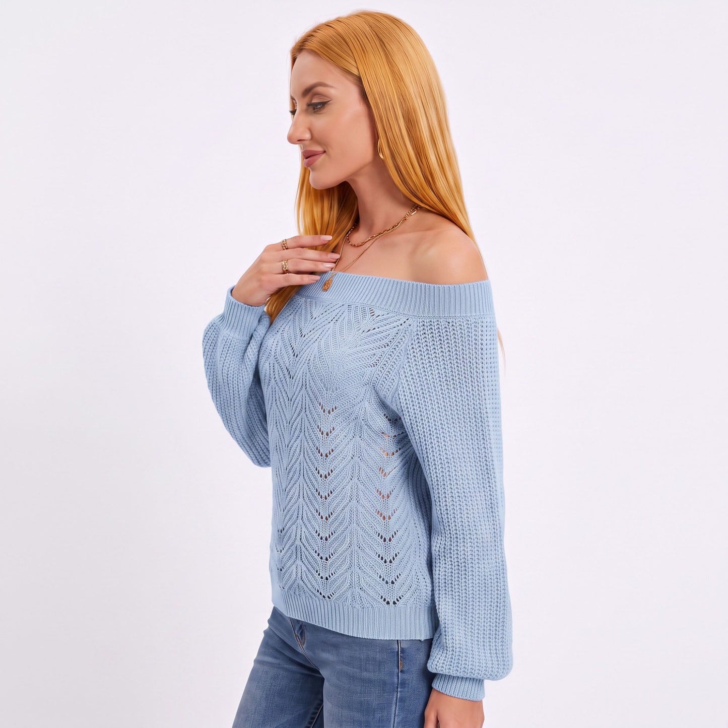 Off Shoulder Pointelle Knit Long Sleeve Sweater