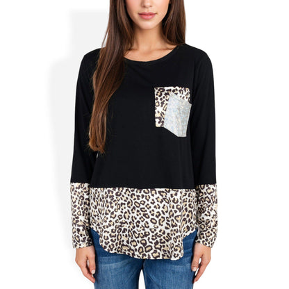 Long Sleeve Leopard Print Color Block Top with Sequins