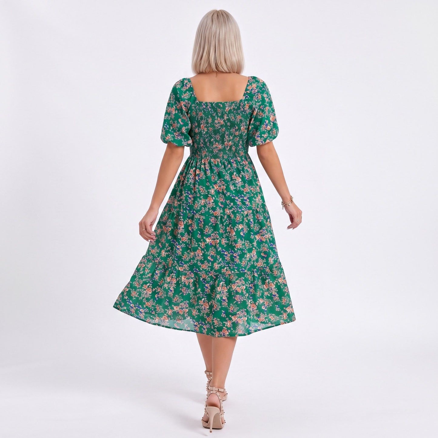Floral Square Neck Smocked Bodice Tiered Midi Dress