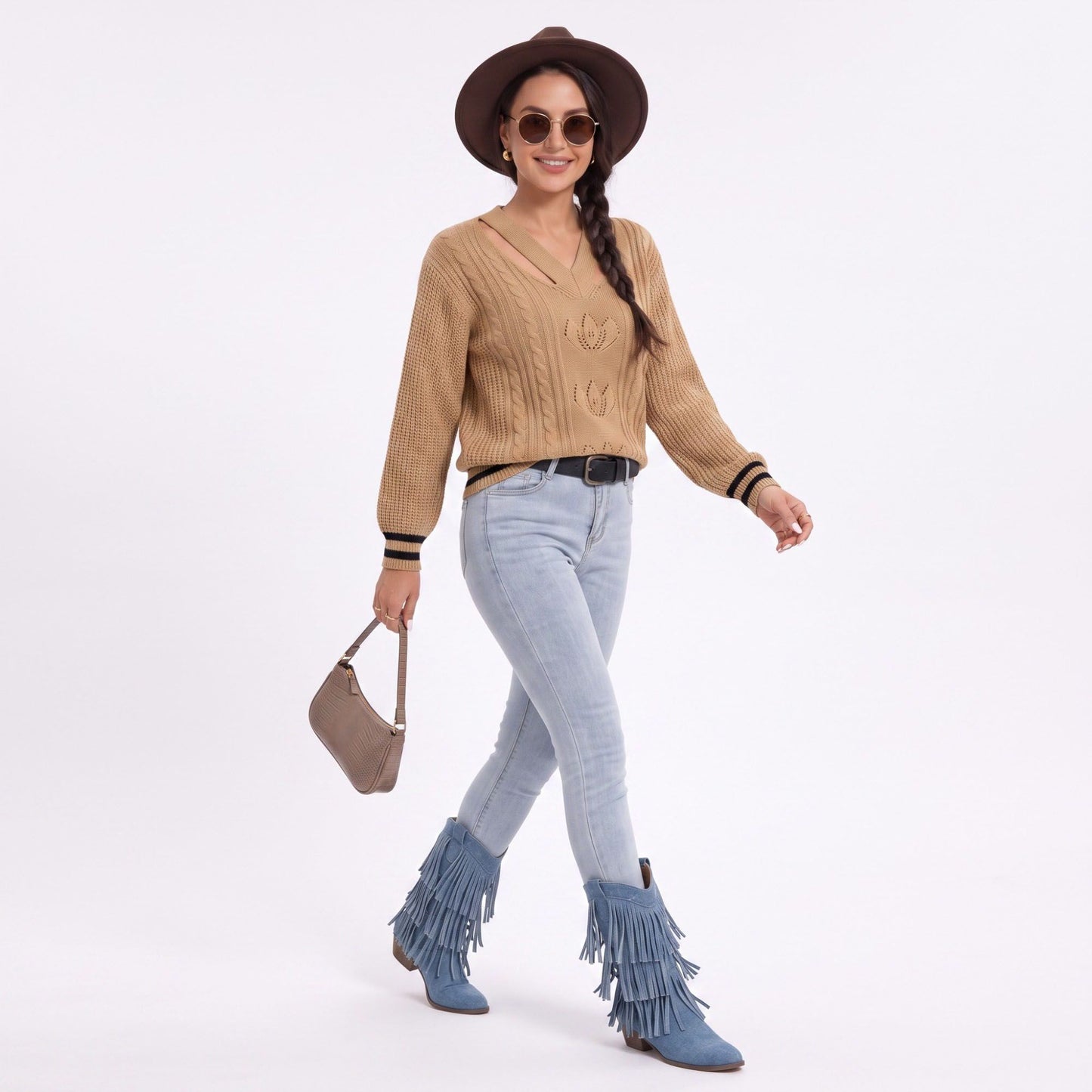 Cutout V Neck Cable Knit Long Sleeve Sweater with Contrast Stripe Trim