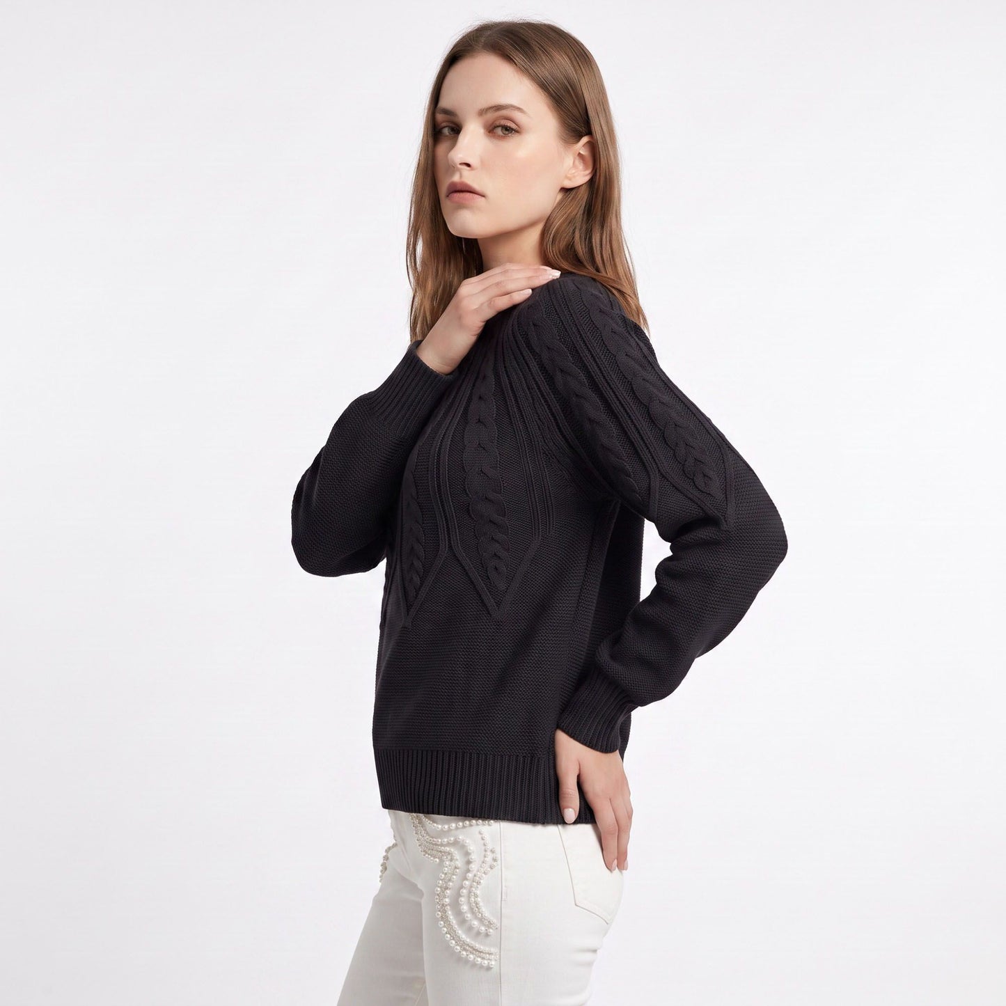 Cable Knit Crew Neck Long Sleeve Pullover Sweater