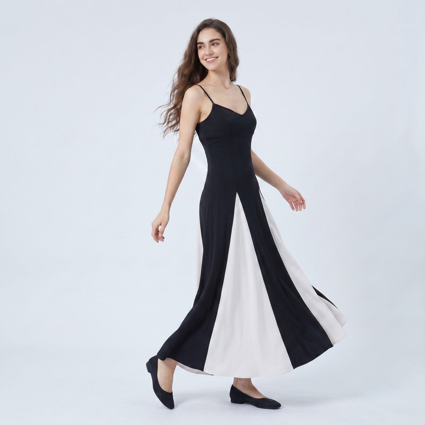 Spaghetti Strap Colorblock Fit and Flare Midi Dress