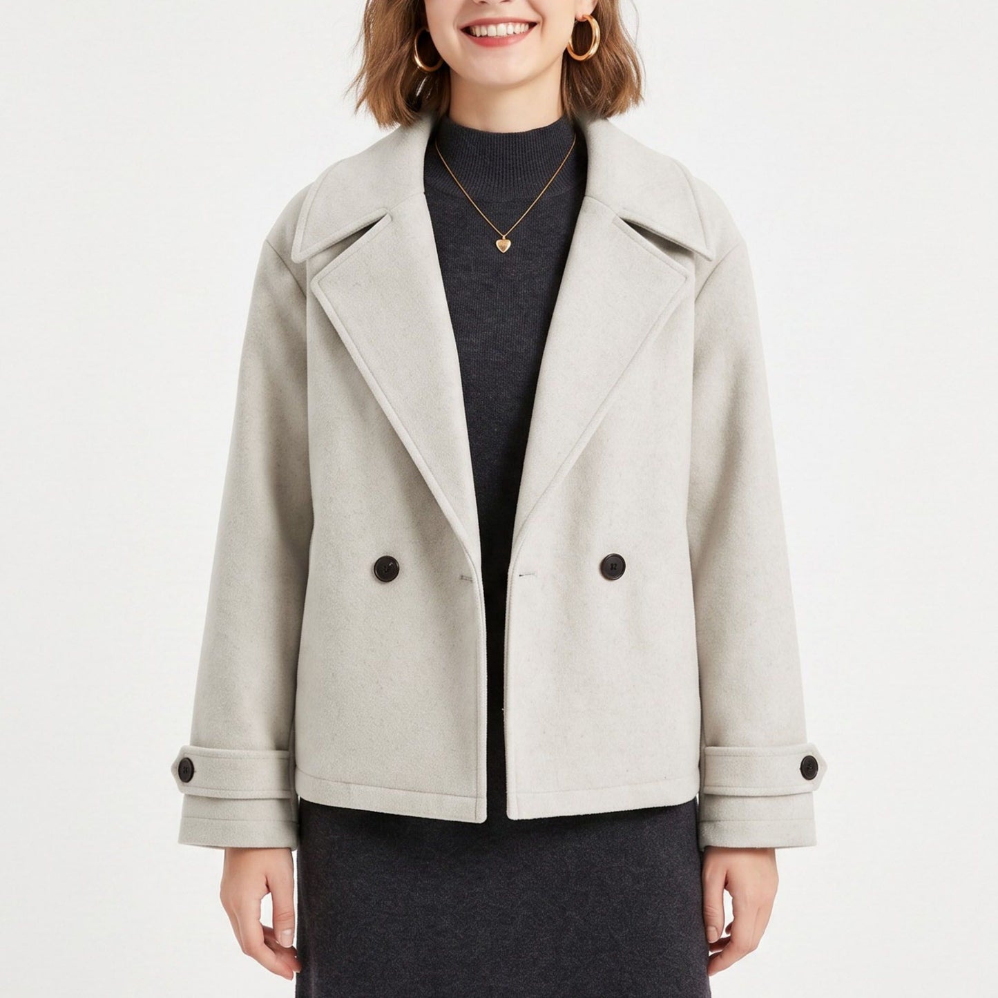 Double Breasted Short Coat Notched Collar Long Sleeve Relaxed Fit Jacket