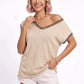 V Neck Sweater Top Contrast Trim Dolman Short Sleeve Knit