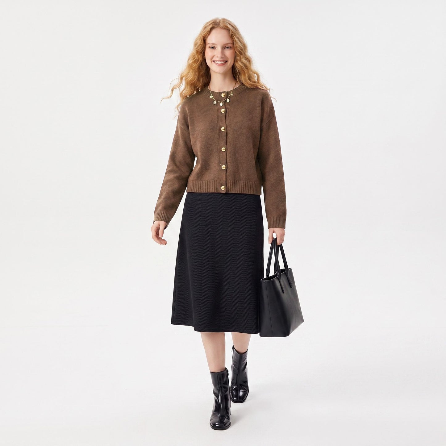 Gold Button Crewneck Cardigan Sweater