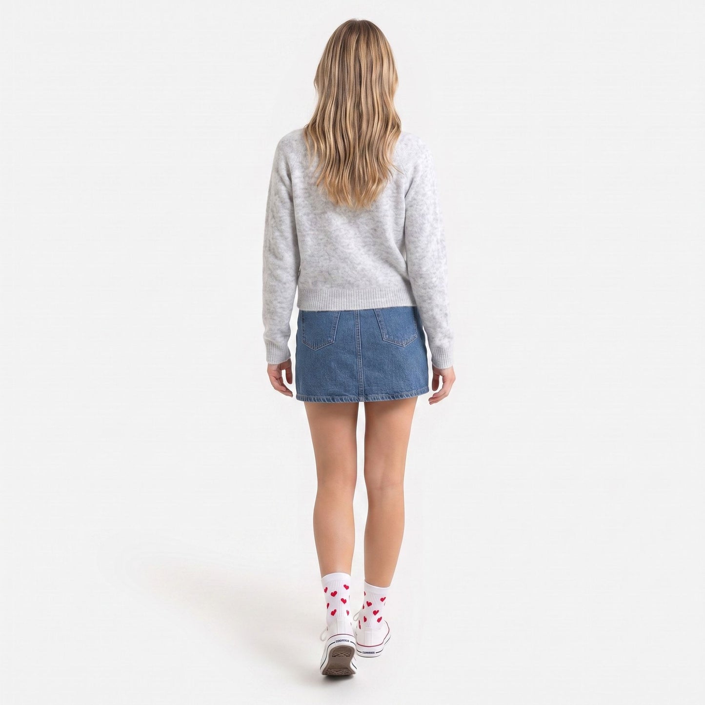 Fuzzy Knit Heart Button Crewneck Cardigan Sweater