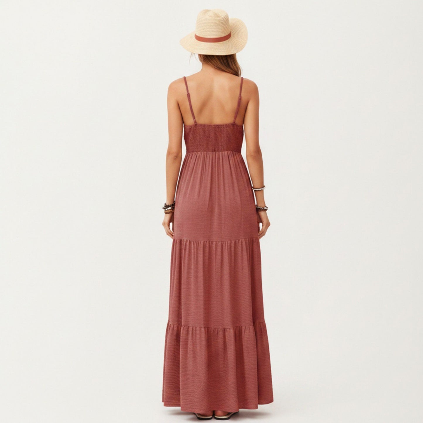 Sleeveless Tiered Maxi Dress V-Neck Cutout Empire Waist Flowy A-Line Sundress