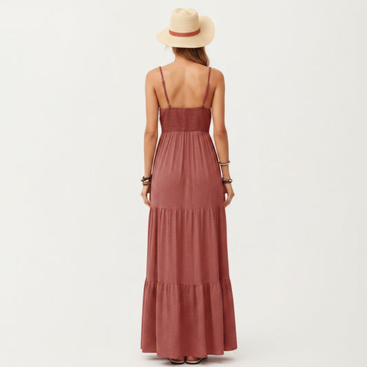 Sleeveless Tiered Maxi Dress V-Neck Cutout Empire Waist Flowy A-Line Sundress
