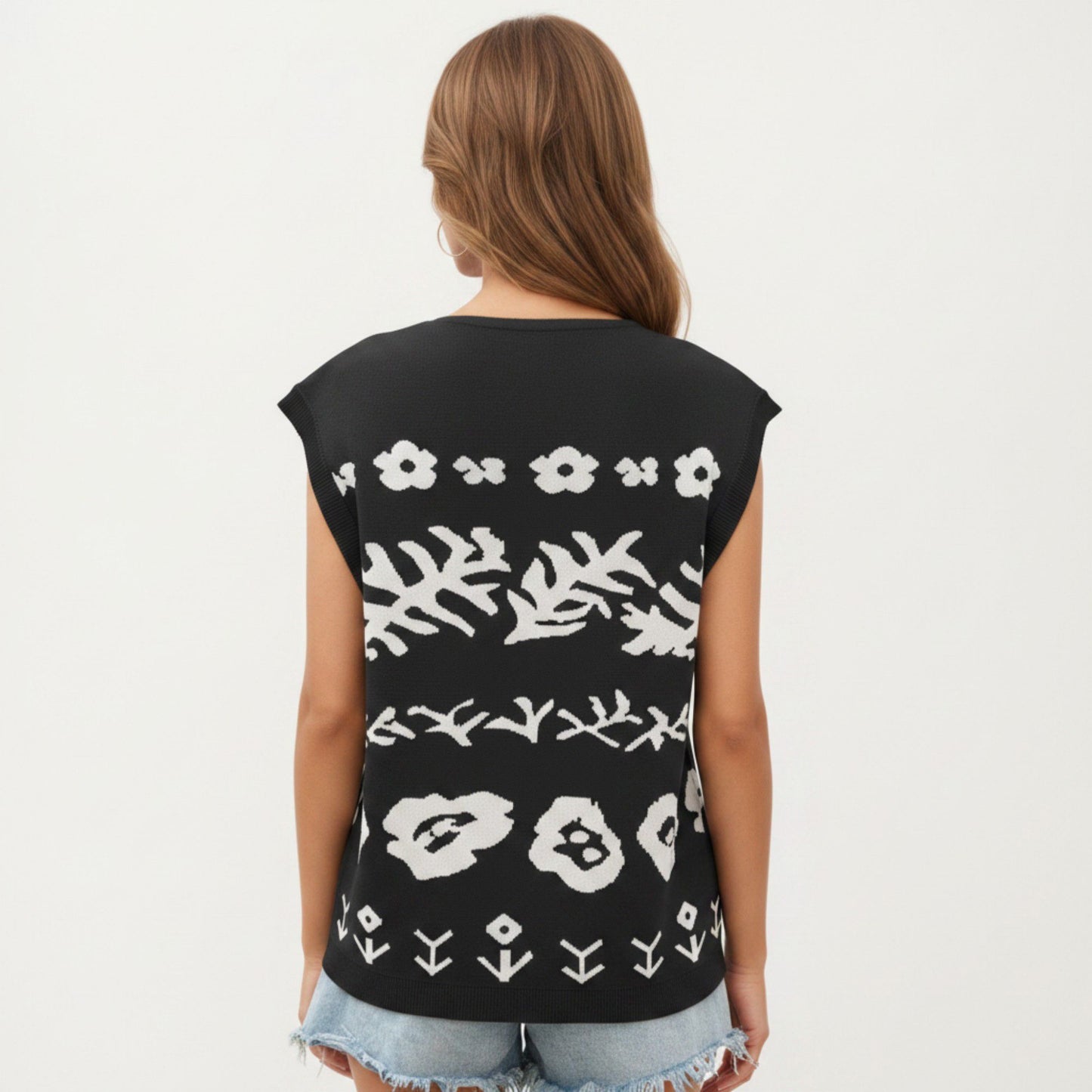 Sleeveless Floral Knit Vest Top with V-Neck Front and Button Detail