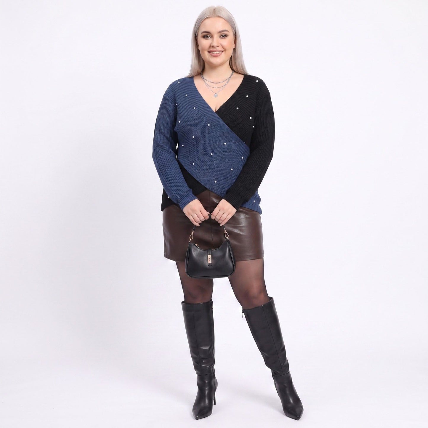 Plus Size Faux Pearl Colorblock Wrap Front Sweater