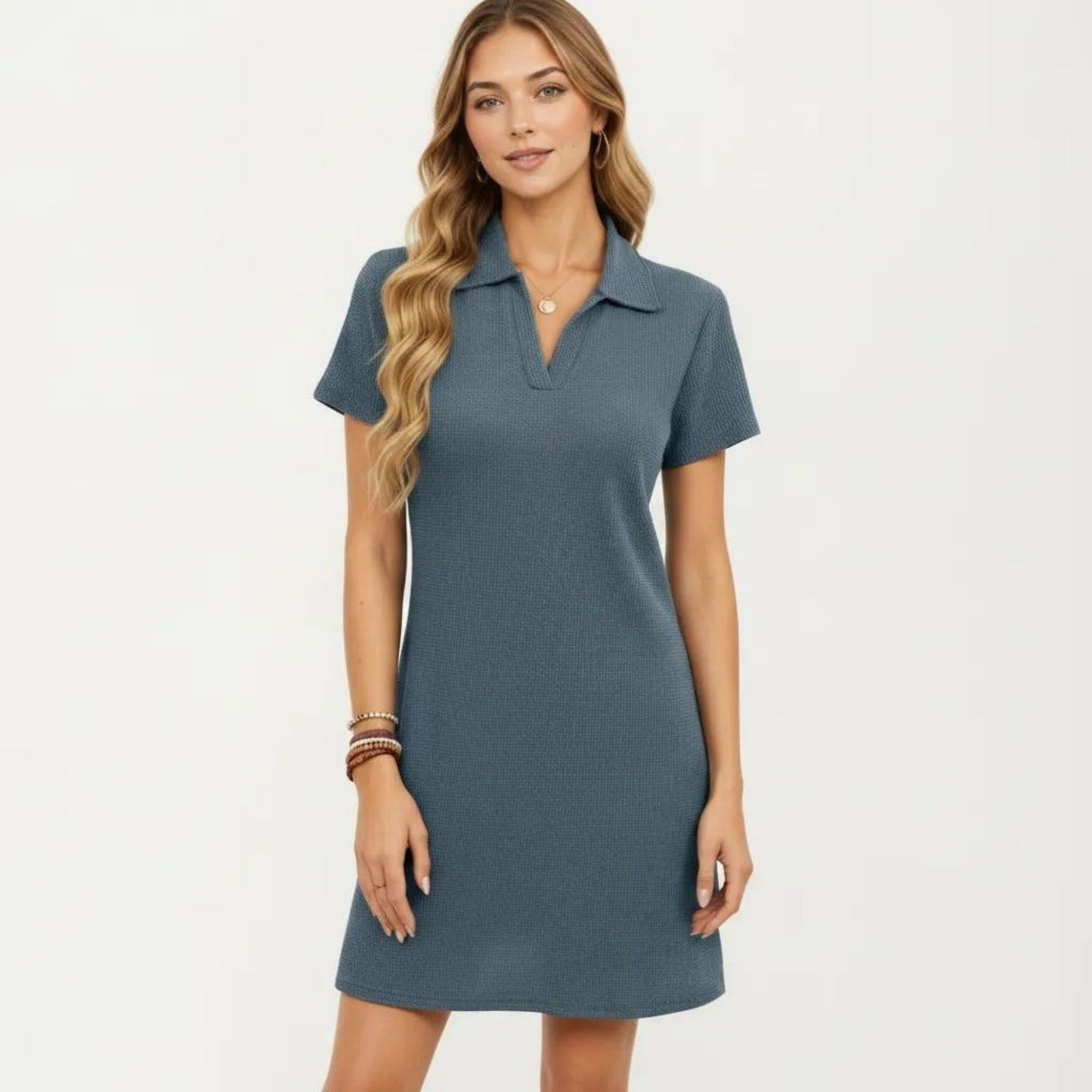 Short Sleeve Collared Mini Dress with Split V Neck Textured Knit Relaxed Fit Casual Dress