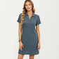 Short Sleeve Collared Mini Dress with Split V Neck Textured Knit Relaxed Fit Casual Dress