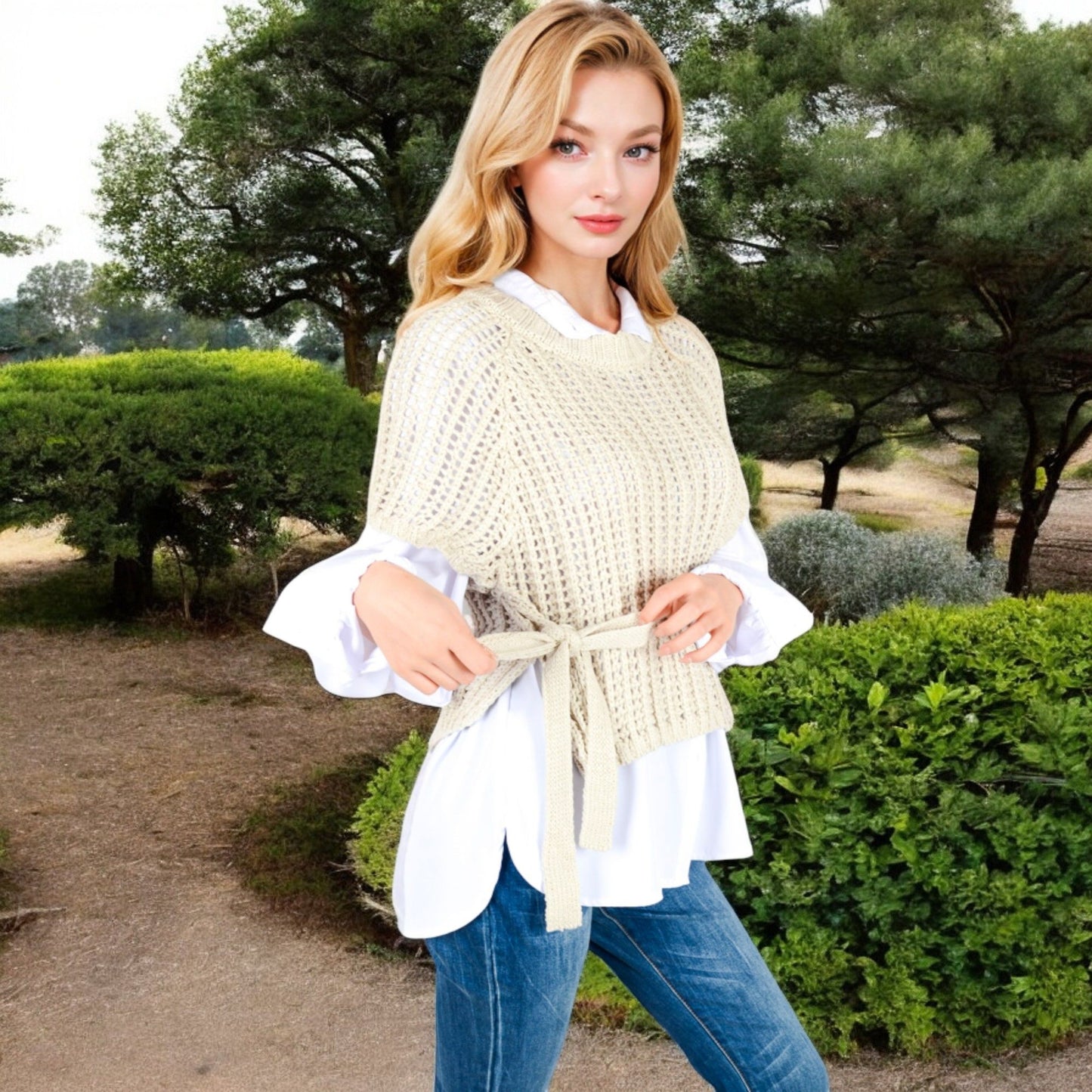 Open Knit Pullover Sweater Vest with Cap Sleeves Ribbed Hem