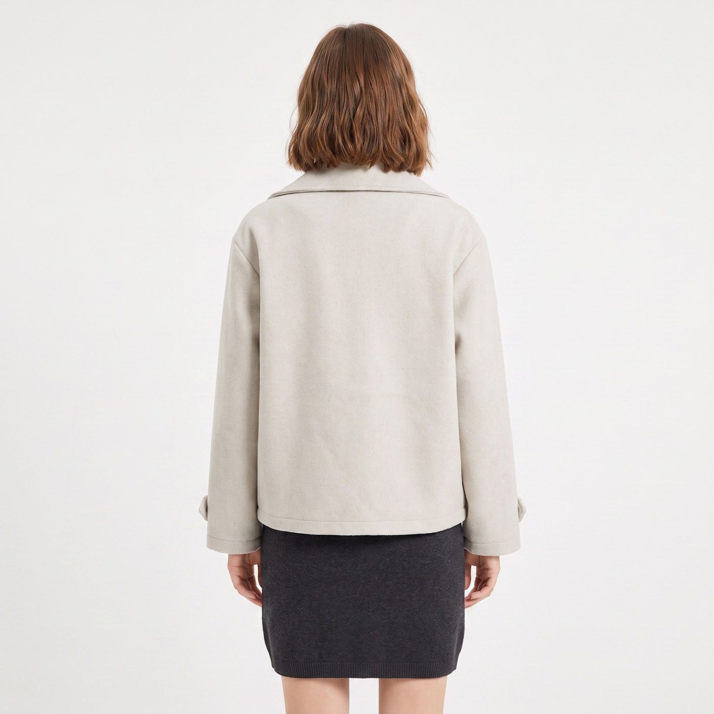 Double Breasted Short Coat Notched Collar Long Sleeve Relaxed Fit Jacket