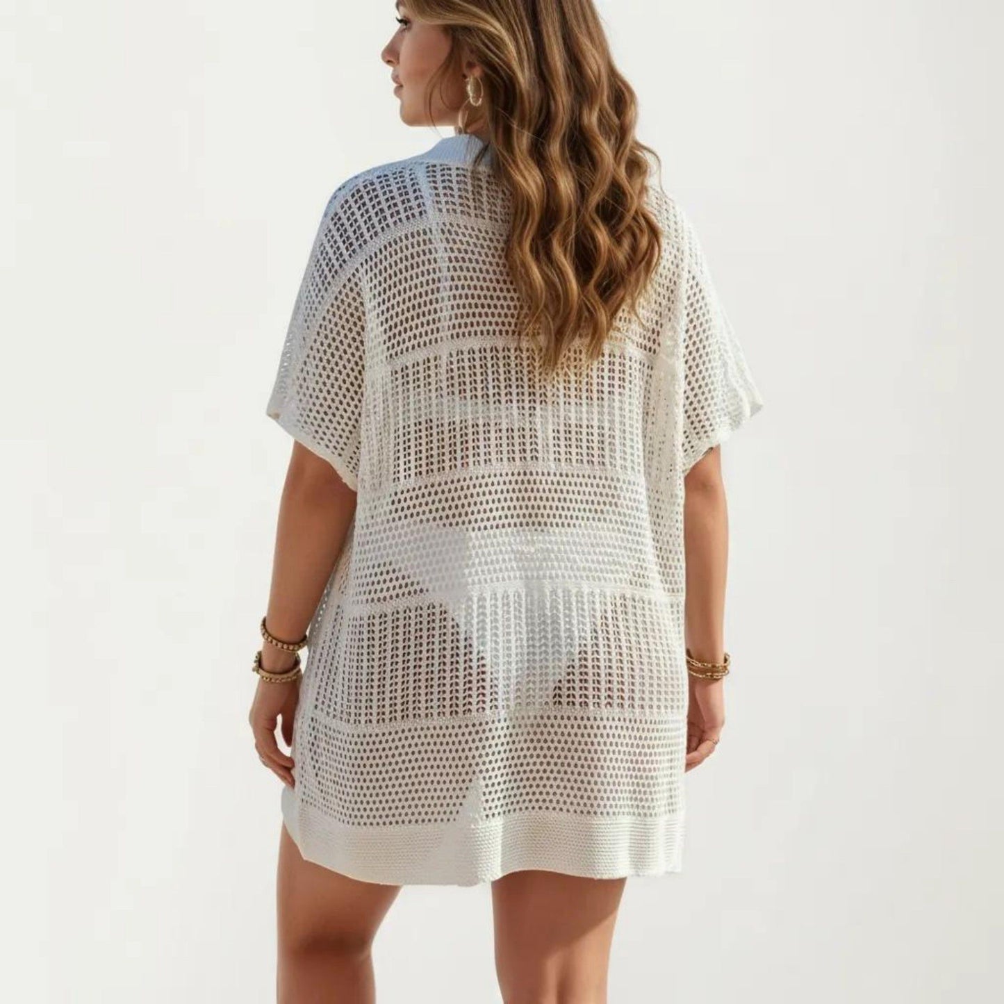 Mesh Swim Cover Up Dress with Open Knit Design Collared Neckline Short Sleeves Relaxed Fit