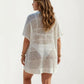 Mesh Swim Cover Up Dress with Open Knit Design Collared Neckline Short Sleeves Relaxed Fit