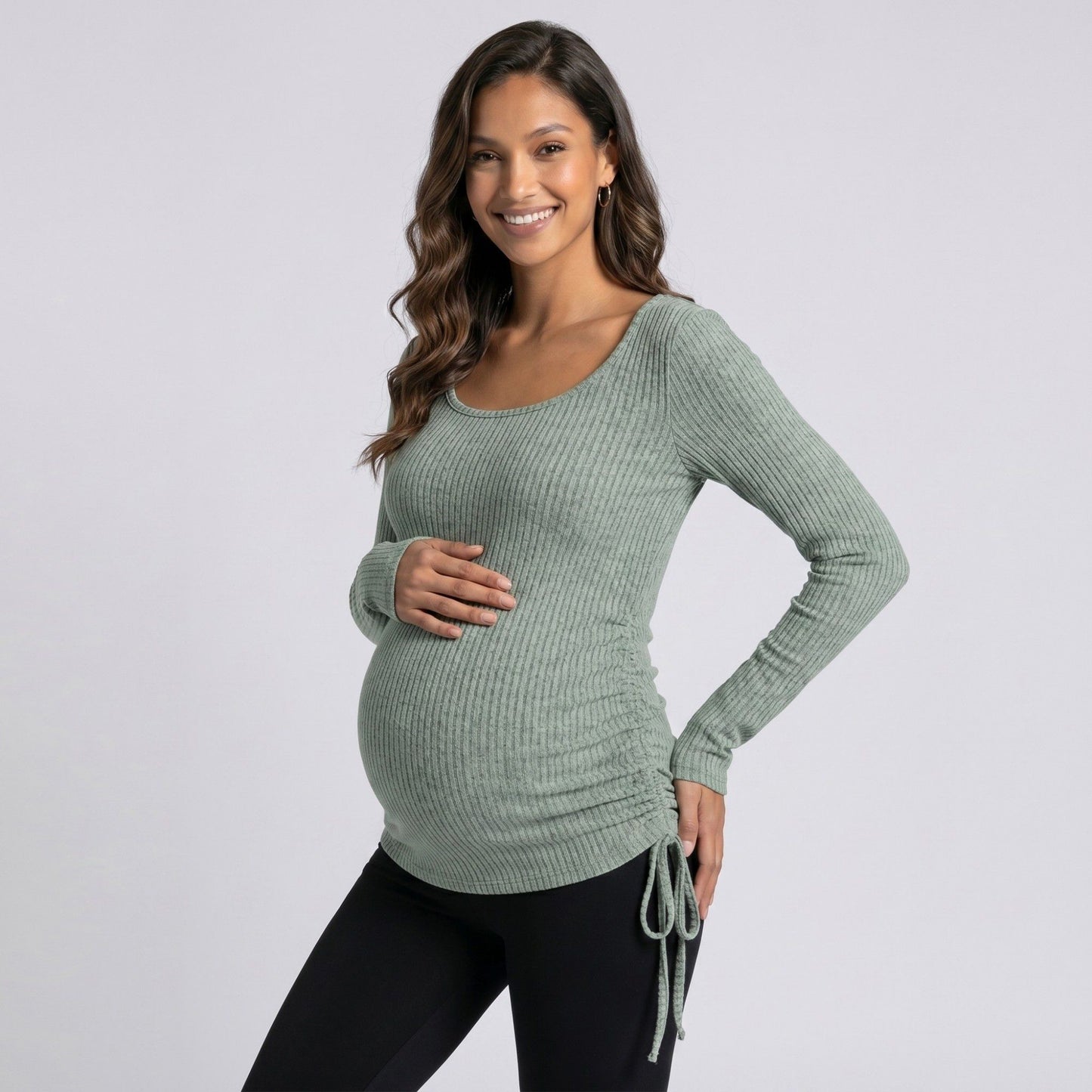 Maternity Ribbed Long Sleeve Top with Scoop Neck and Side Ruched Tie Detail