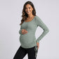 Maternity Ribbed Long Sleeve Top with Scoop Neck and Side Ruched Tie Detail