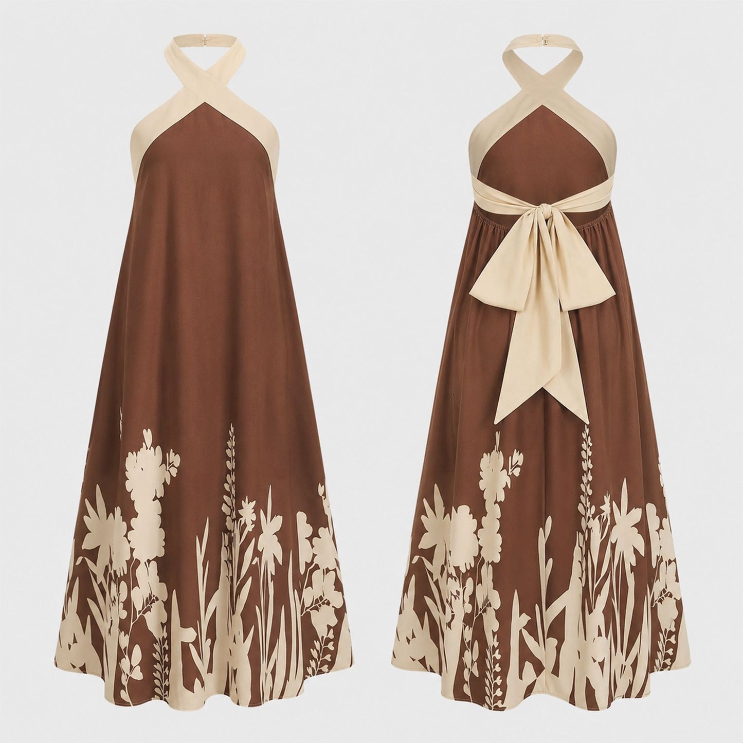 Halter Neck Maxi Dress with Crisscross Straps Open Back Tie Waist Botanical Border Print and A Line Skirt