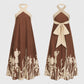 Halter Neck Maxi Dress with Crisscross Straps Open Back Tie Waist Botanical Border Print and A Line Skirt