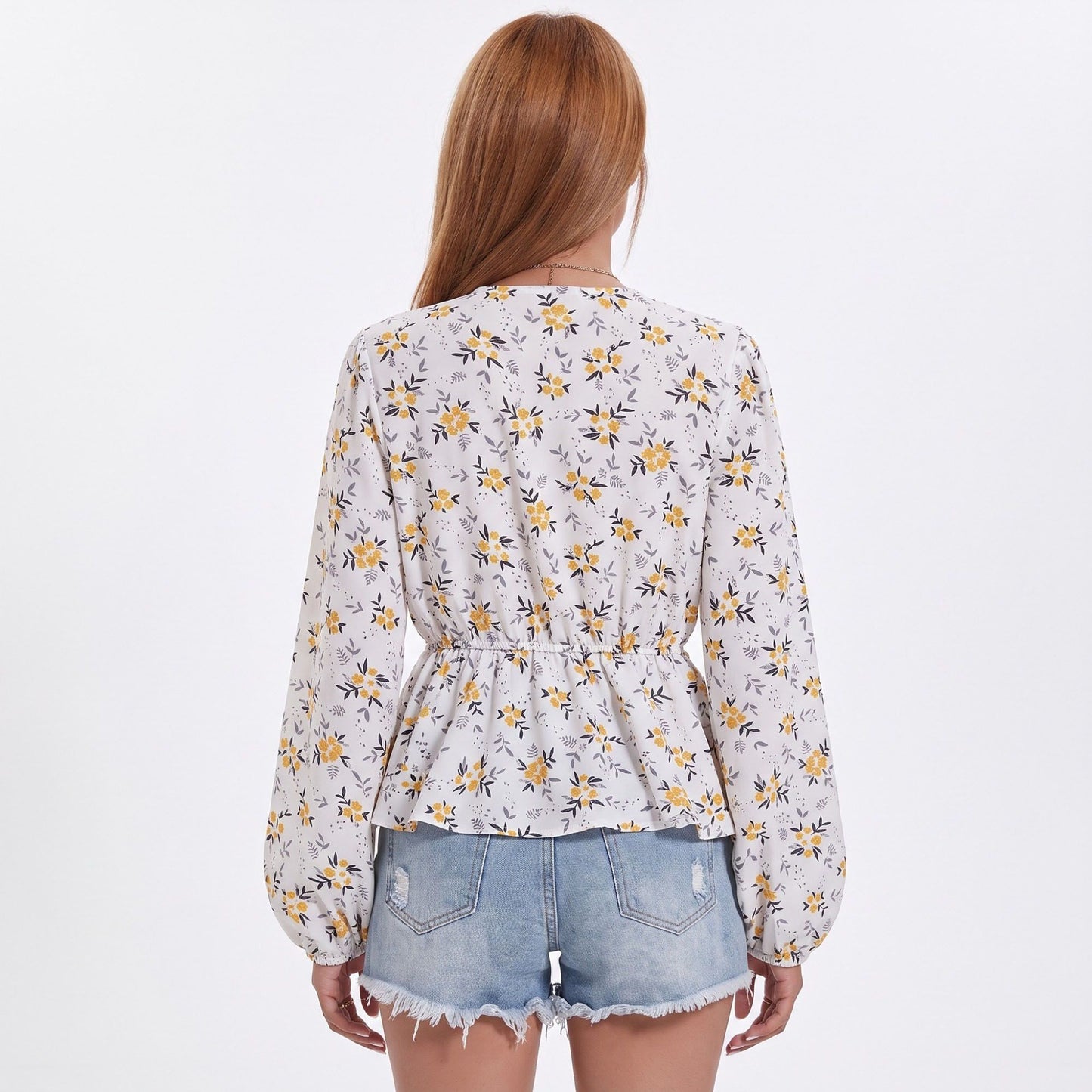 Floral Print Peplum Blouse V Neck Long Sleeve Casual Top