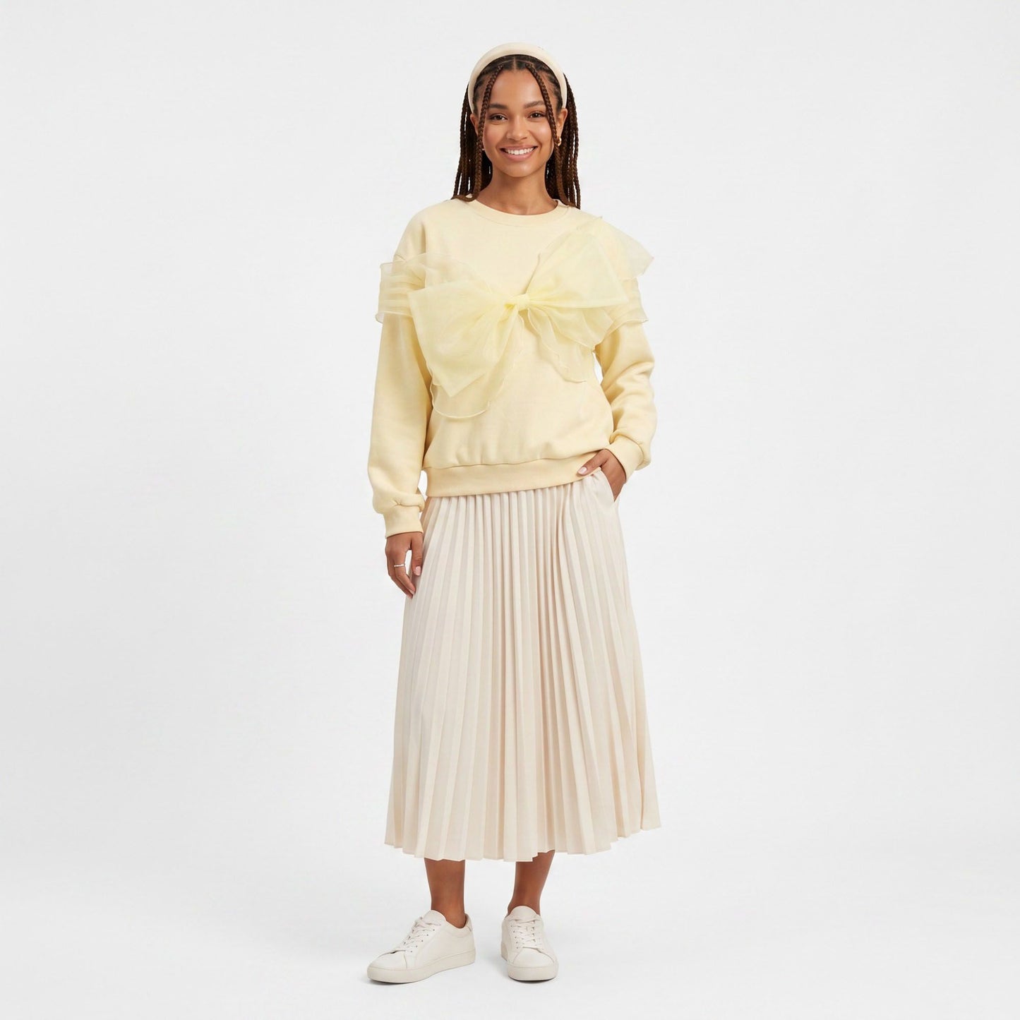 Crewneck Sweatshirt Oversized Sheer Bow Detail Long Sleeve Relaxed Fit