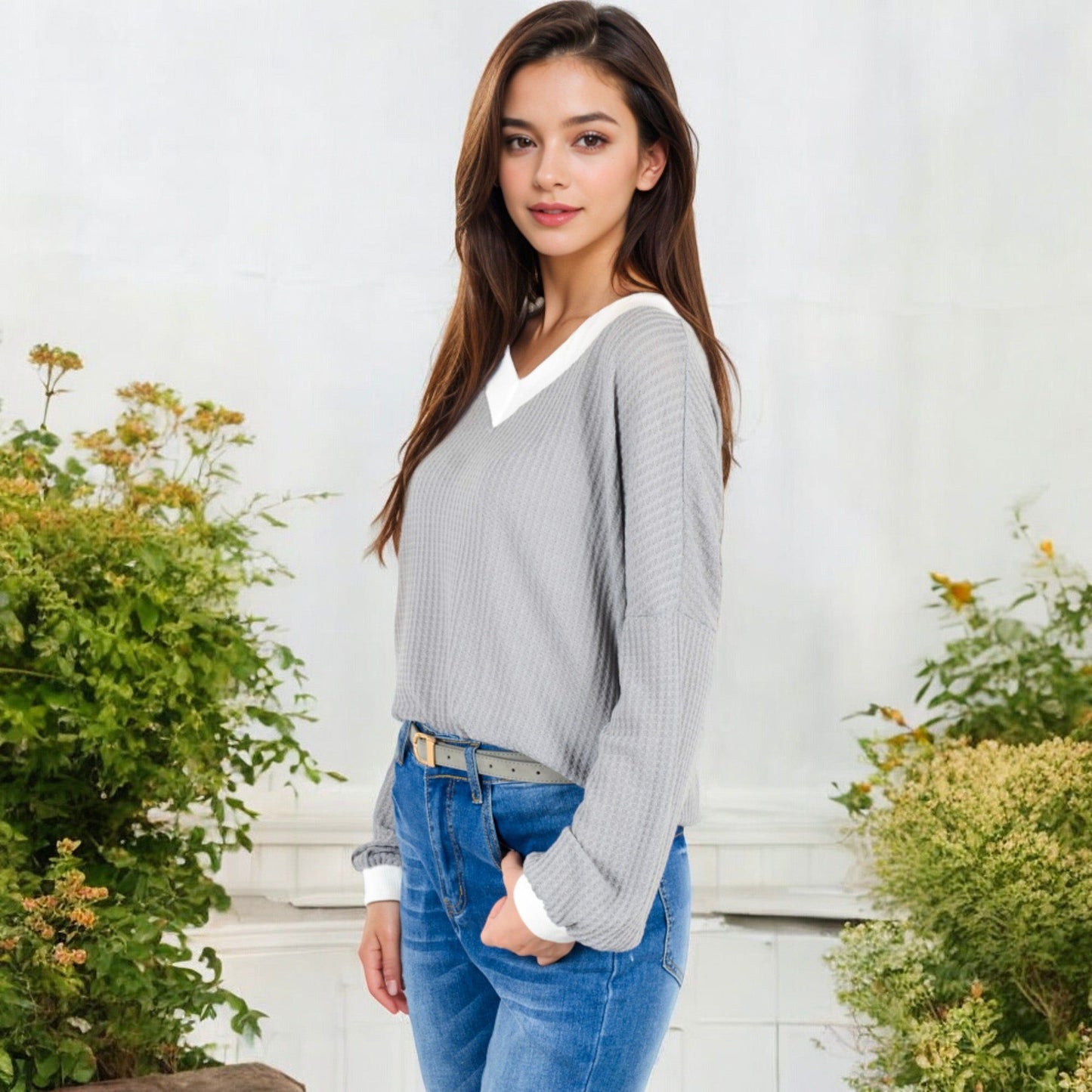 V-Neck Waffle Knit Long Sleeve Top Contrast Trim Relaxed Fit