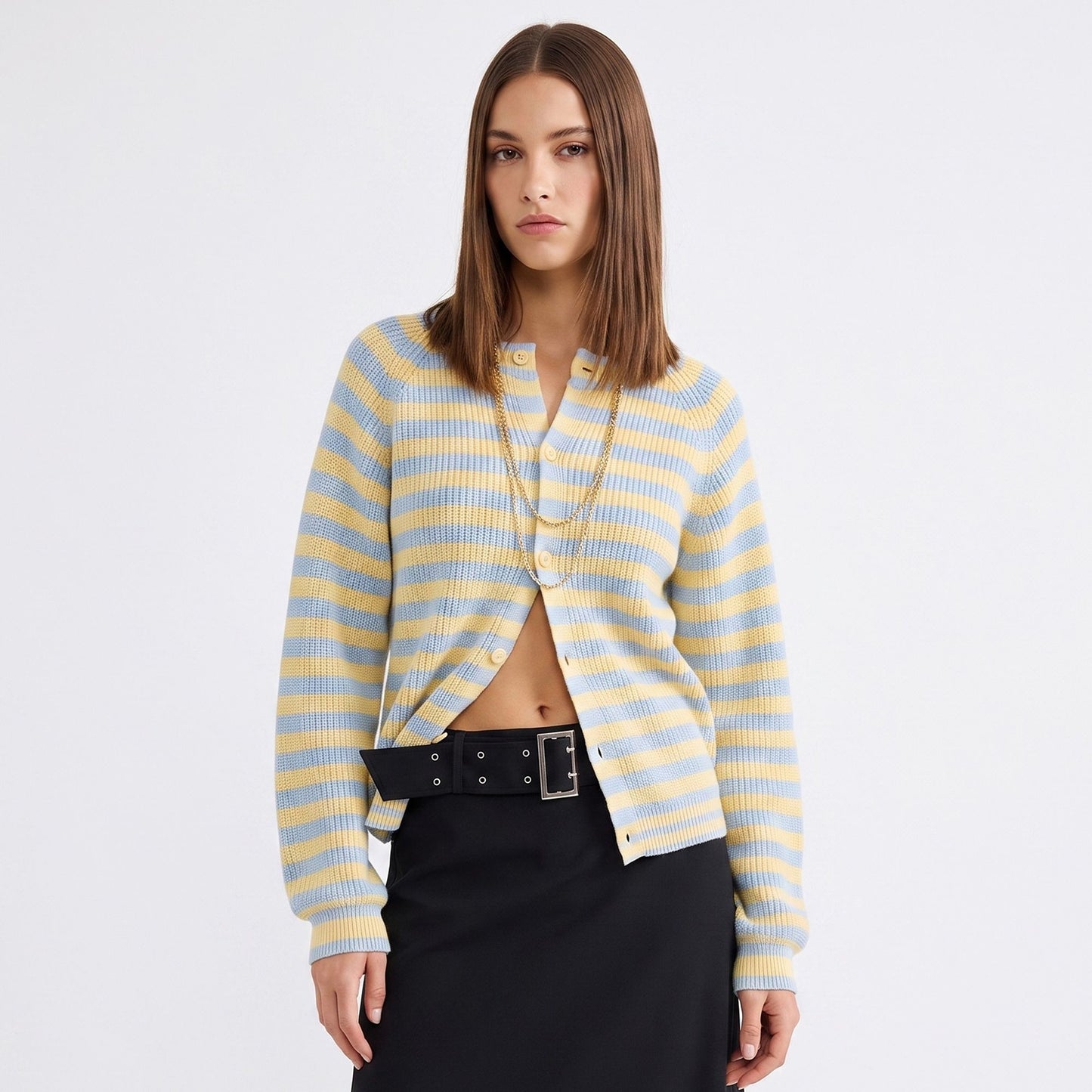 Striped Ribbed Crewneck Button Front Cardigan Sweater
