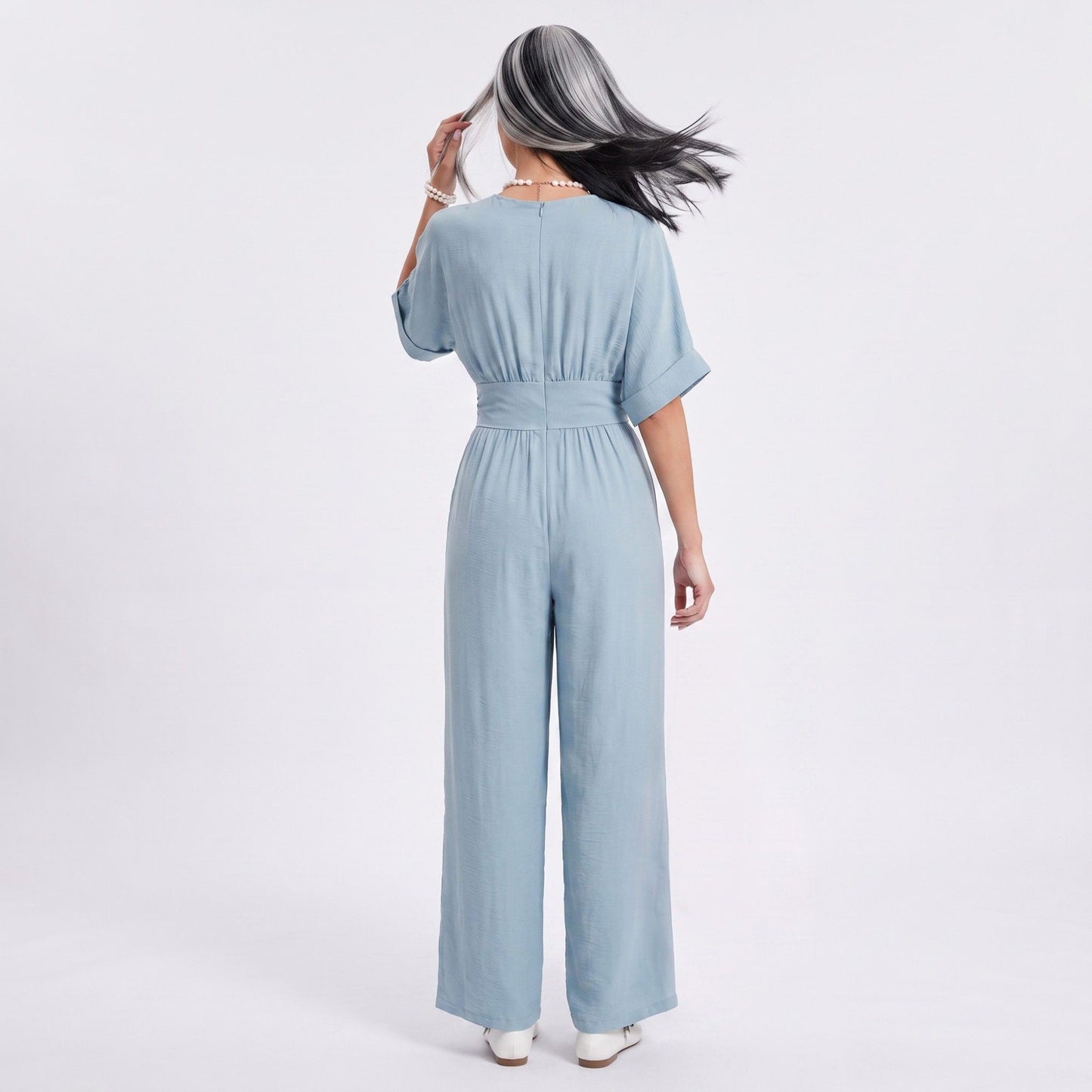 Surplice Jumpsuit Short Sleeve Wide Leg Tie Waist One Piece