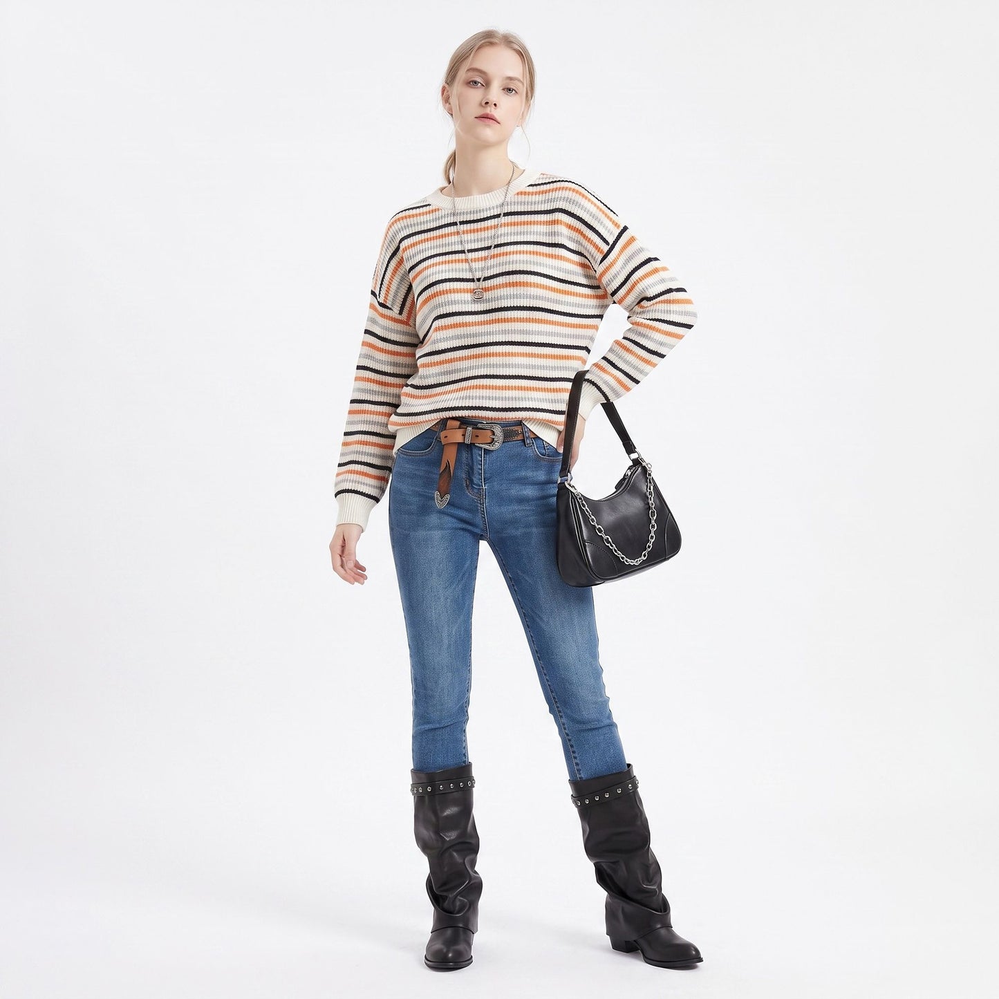 Multicolor Striped Crewneck Long Sleeve Knit Sweater