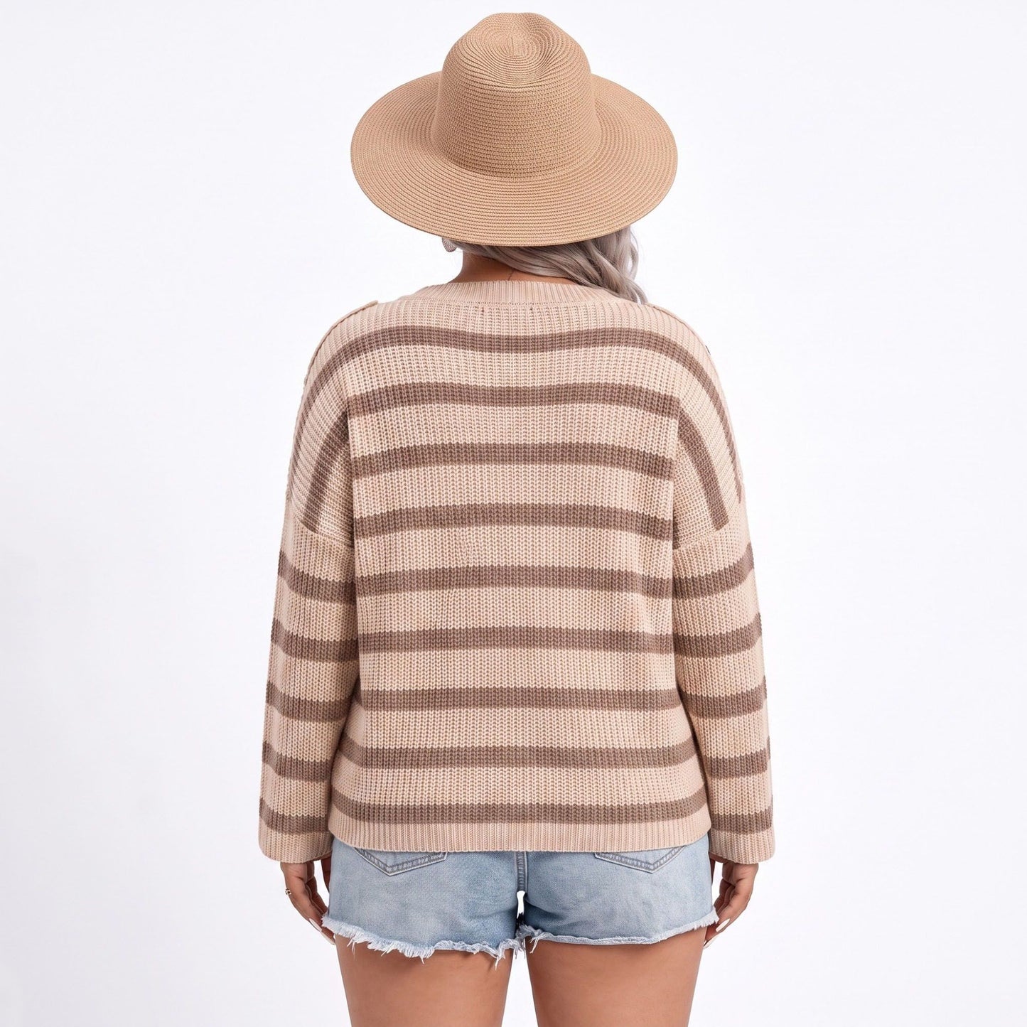 Plus Size Striped Crewneck Button Shoulder Sweater