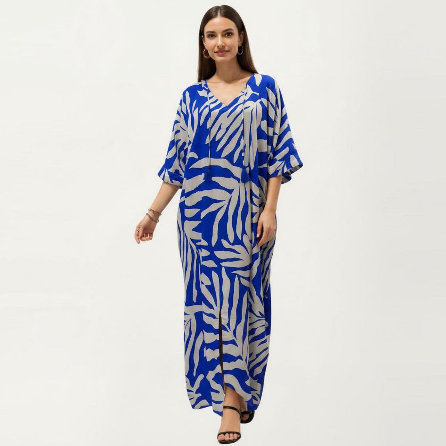 Tropical Leaf Print Kaftan Maxi Dress with V-Neckline and Flowy Oversized Silhouette