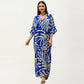 Tropical Leaf Print Kaftan Maxi Dress with V-Neckline and Flowy Oversized Silhouette