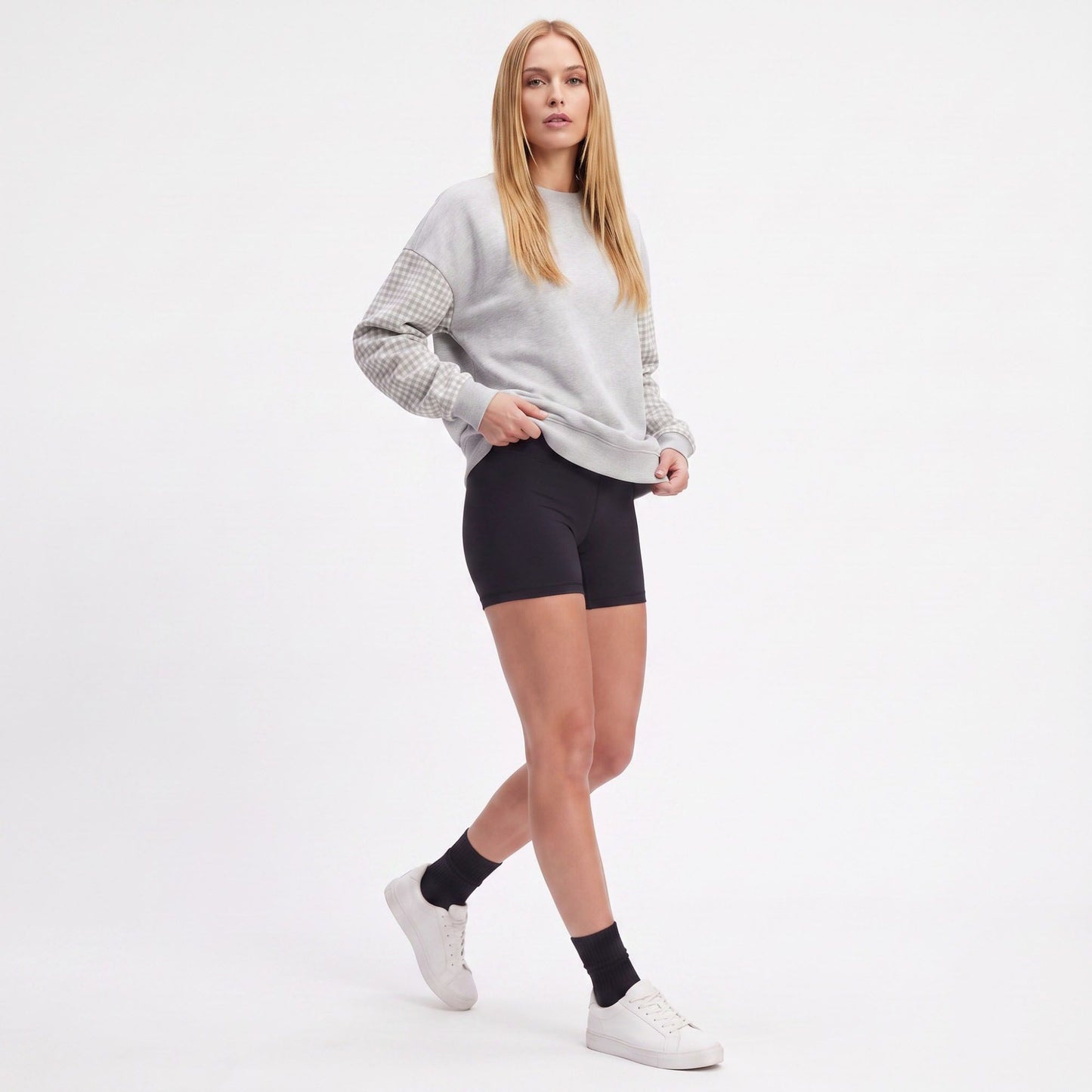 Plaid Sleeve Crew Neck Long Sleeve Pullover Sweatshirt