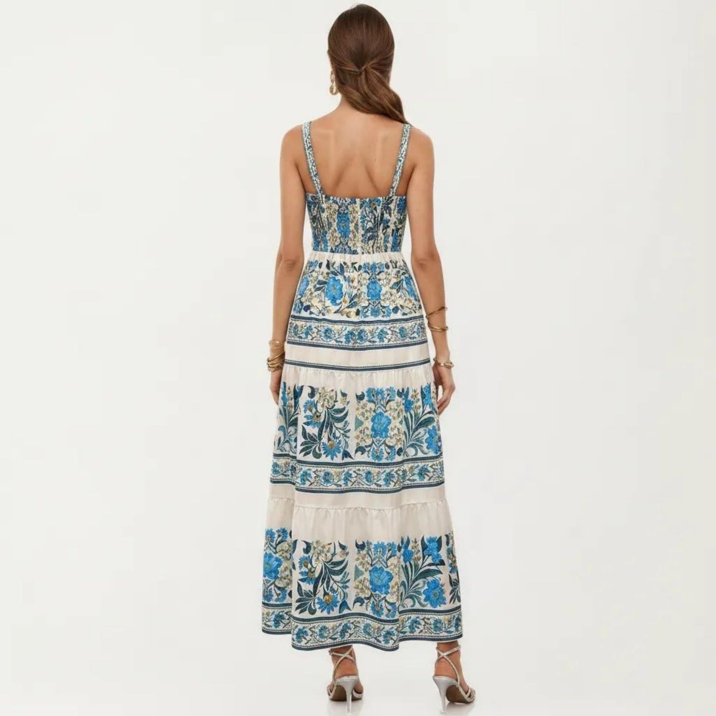 Sleeveless Maxi Dress with Adjustable Straps Tiered Skirt Printed Design Flowy Fit