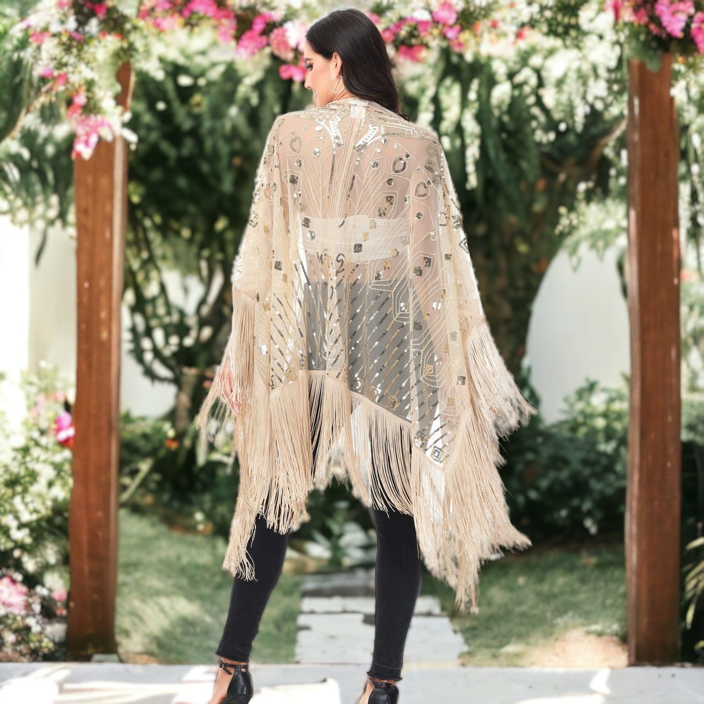 Semi Sheer Boho Sequin Fringe Sparkle Drop Shoulder Shrug