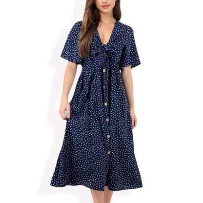 Polka Dot Midi Dress with Front Tie and Short Sleeves