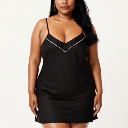 Plus Size V Neck Slip Nightgown Contrast Trim Spaghetti Strap Soft Satin Sleep Dress Short Chemise