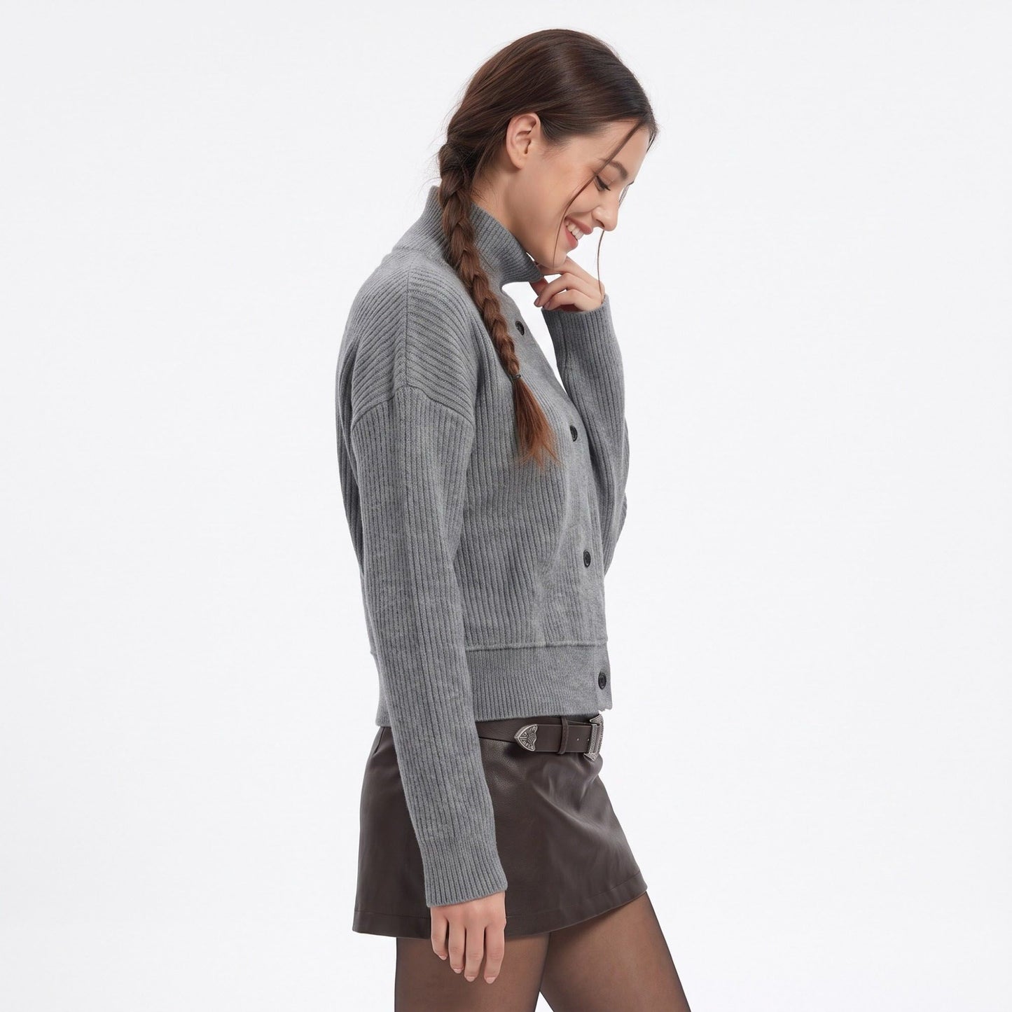 High-Neck Ribbed Button-Down Knit Cardigan Sweater