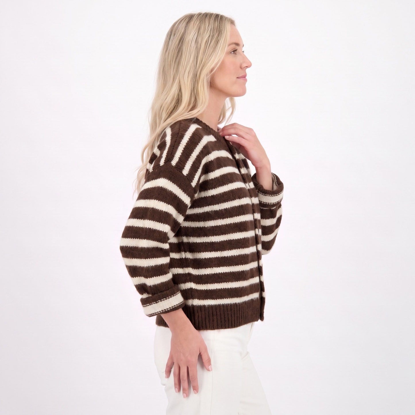 Striped Button-Front Crew Neck Knit Cardigan