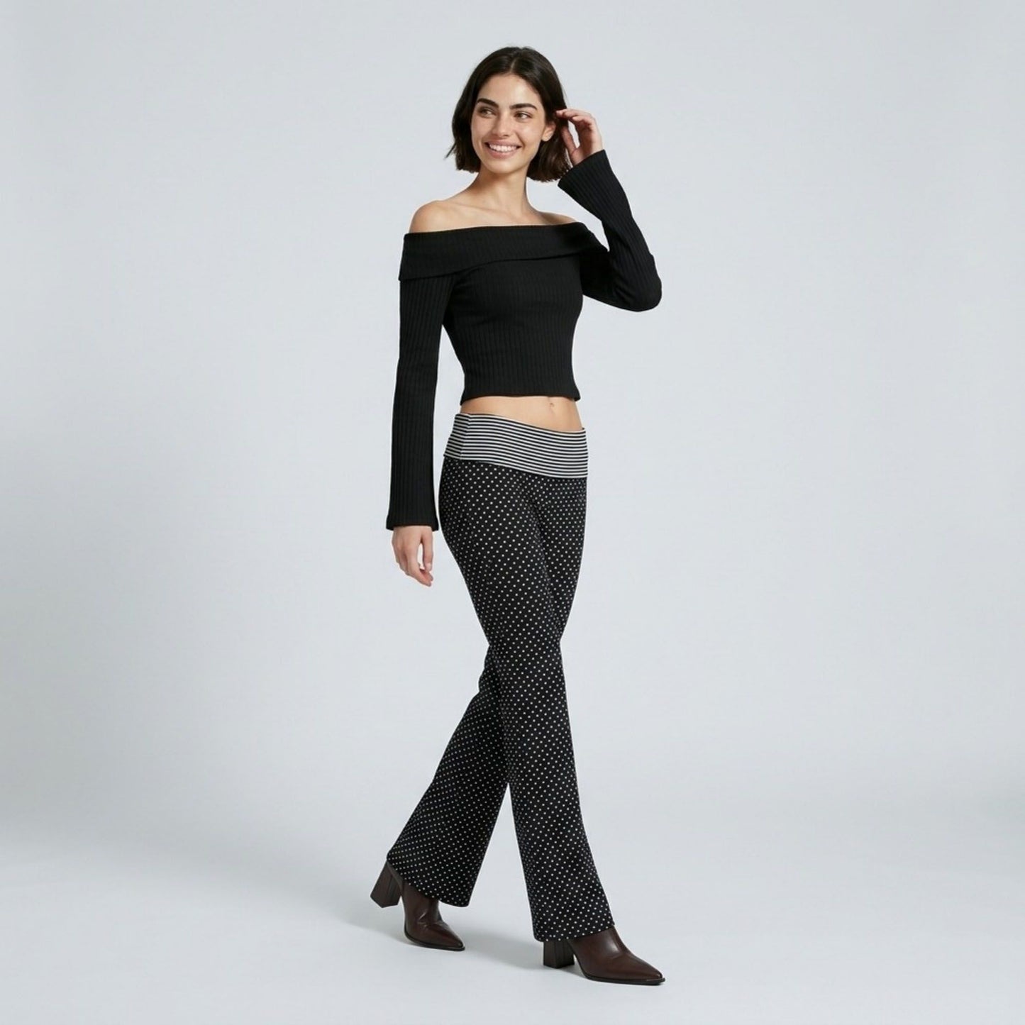 Striped Contrast Foldover Waistband Polka Dot Full-Length Wide-Leg Trousers