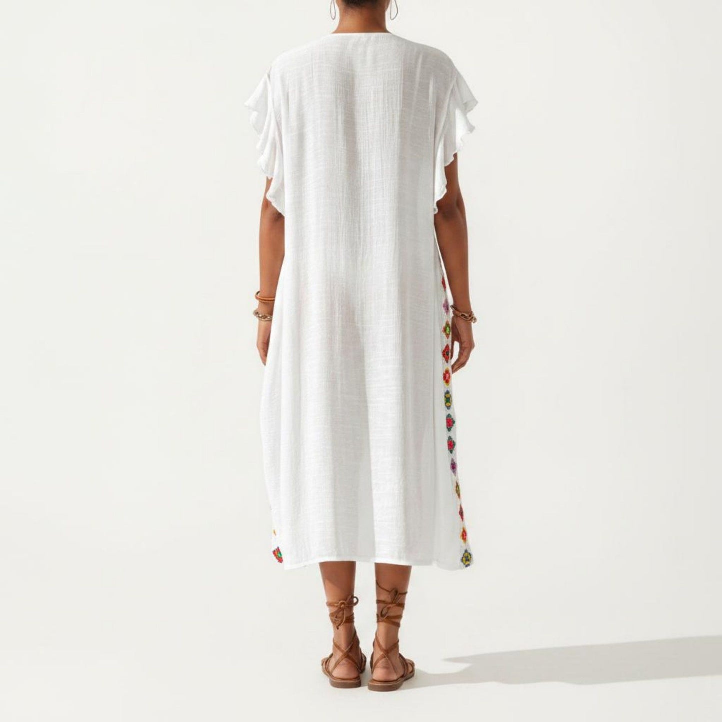 Embroidered Open Front Swim Cover Up Kimono Midi Beach Cardigan with Tassel Tie Detail