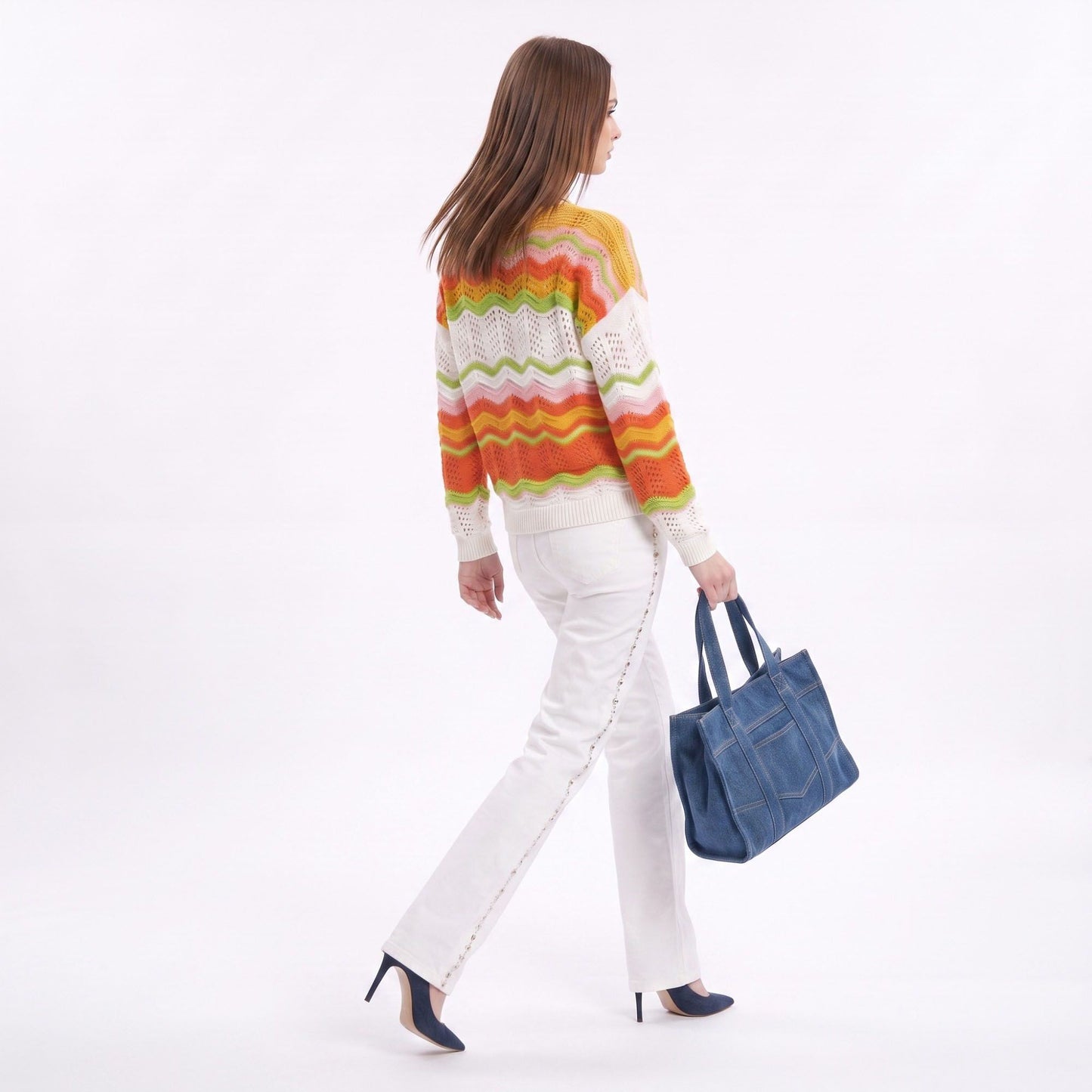 Multicolor Wave Stripe Openwork Knit Long Sleeve Pullover Sweater