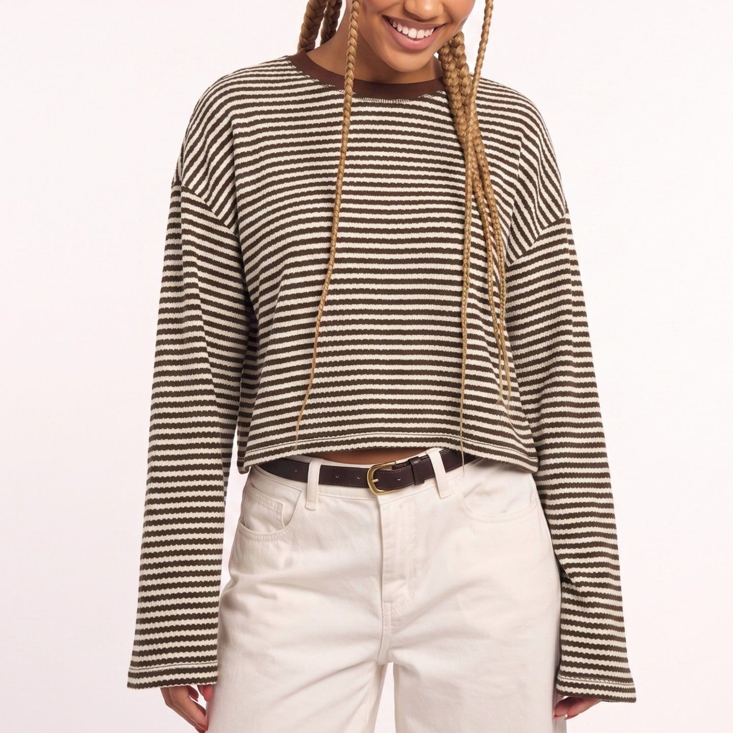 Striped Textured Knit Drop Shoulder Cropped Sweater