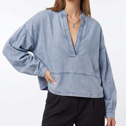 Long Sleeve Denim Pullover Top Split Neck Relaxed Fit Blouse